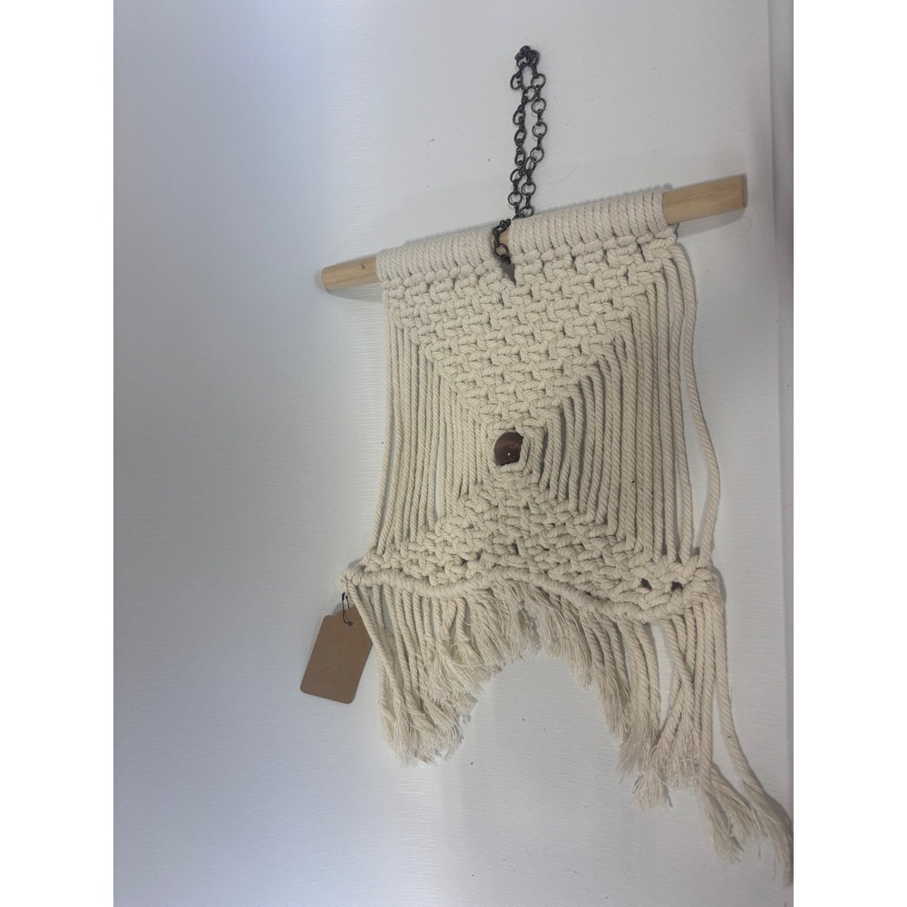Boho Macrame Wall Hanging Cream Cotton Fringe Wood Bead Small Home Decor Art